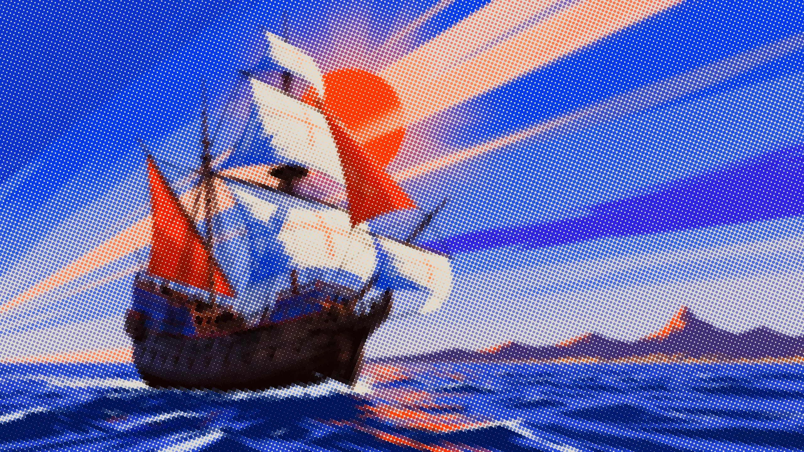 A carrack under full sail crossing open ocean toward mountains on the horizon, printed in coloured dots