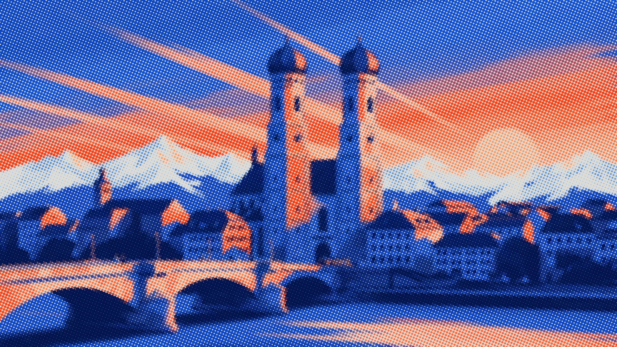 A twin-towered Bavarian city with an arched stone bridge before snow-capped Alps, printed in coloured dots